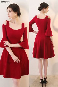 Red Homecoming Dresses Short, Red Homecoming Dress, Trendy Dress Styles, Red A Line Dress, Burgundy Homecoming Dresses, Long Sleeve Homecoming Dresses, Cute Homecoming Dresses, Dress With Bell Sleeves, Tulle Homecoming Dress