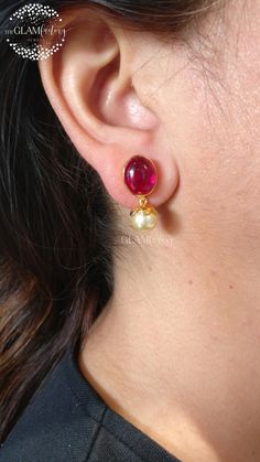 Buy Ruby Cabochon and Pearl Earring Pair Silver 925 Real Gold online on Etsy India. Shop for handmade, vintage and unique Wedding Earrings items from TheGlamFactoryJaipur online on Etsy 2 Grams Gold Earrings Designs, Pearl Bangles Gold, Stone Earrings Gold, Unique Wedding Earrings, Earrings With Stones, Fashion Jewelry Necklaces Gold, Small Earrings Gold, Pearl Earrings Designs, Simple Gold Earrings