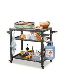 a kitchen cart with food and drinks on it