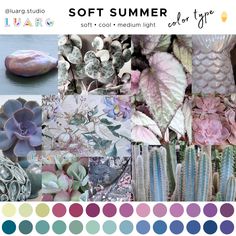 People who belong to the SOFT SUMMER 🍦 color type look most harmonious when they wear SOFT, COOL and and MEDIUM LIGHT colors near their face.  🔖 Save this post for future reference! Soft Summer Home Decor, Soft Summer Color Palette Aesthetic, Outfits For Soft Summer Type, Soft Summer Combinations, Soft Summer Purple, Soft Summer Moodboard, True Summer Vs Soft Summer, Soft Summer Color Combinations, Soft Summer Brunette