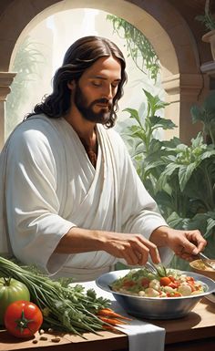 a painting of jesus preparing food on a table in front of vegetables and herbs,