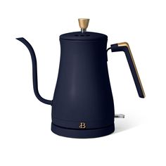 a blue coffee pot with a gold handle on the side and a black lid is sitting in front of a white background