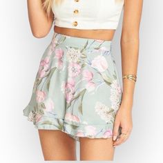 Please See Other Listing To Complete A Matching Set With The Primavera Floral Cammy’s Cami Top! 14.5” Waist 15” Total Length 2” Inseam Feminine And Cute Ruffle Shorts. These Shorts Feature A Side Zip Closure And Ruffle Detailing. Pair These Shorts With Your Fave Crop Top Or Bodysuit And You'll Have A Cute Floral Look! * Made In The Gorge Usa * * 100% Poly * Lined * Side Zip Closure * Ruffle Detailing * This Item Runs True To Size. Floral Shorts Outfits, Sequin Dress Short, Womens High Waisted Shorts, Indigo Tie Dye, The Gorge, White Denim Shorts, Floral Knit, Sequin Shorts, Belted Shorts