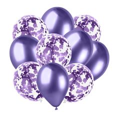 a bunch of purple and white balloons