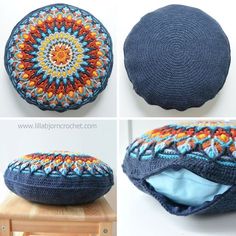 four pictures of different types of pillows and blankets on a table top, including one with a crochet pattern