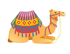 a camel with a colorful saddle on its back is sitting and looking at the camera