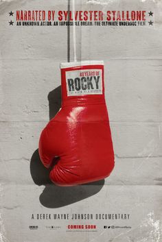 a red boxing glove hanging on a wall with the words rocky written on it's side