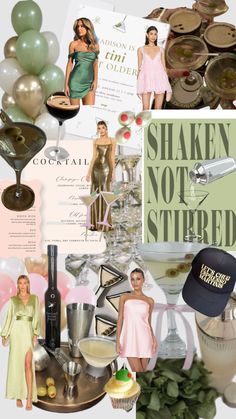 the collage shows different types of fashion items and accessories, including balloons, hats, dresses, cocktail glasses, champagne