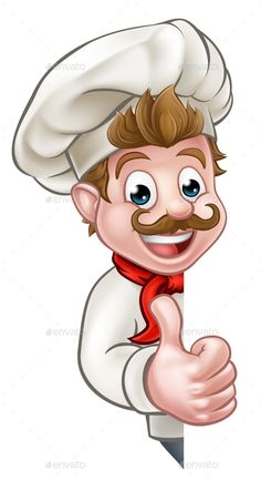 a cartoon chef pointing at a sign with his thumb up - food objects clippings