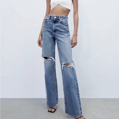 Zara High Rise Jeans Never Worn And Size 2 Wide Cropped Pants, Ripped Jeans High Waisted, Zara Wide Leg Jeans, Animal Print Jeans, Bleached Jeans, Grey Denim Jeans, Ankle Length Jeans, Zara New, Zara Jeans