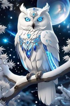 an owl with blue eyes sitting on a branch in front of the moon and stars