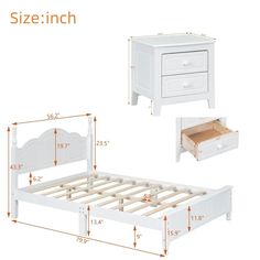 a white bed frame with drawers and measurements