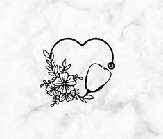 a heart with flowers in the middle on a white marble background, surrounded by leaves and flowers