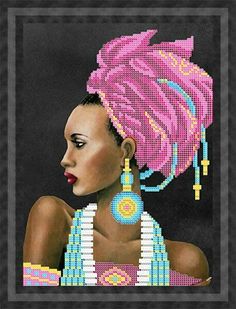 a painting of a woman with pink hair and beads on her head, in front of a black background