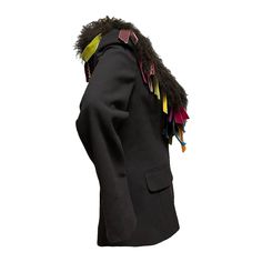 JOHN GALLIANO Fall Winter 2002 Leopard Printed Fur Collar Fringed Blaz  – 24/7 archives Black Wool Party Outerwear, Black Wool Party Blazer, Designer Black Wool Blazer, John Galliano, Fur Collar, Fur Collars, 9 And 10, Made In France, Black Color