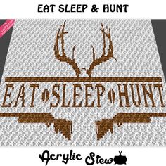 the eat sleep hunt logo is shown in brown and white, with an antelope on