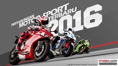 three motorcycles are lined up in front of a black and white background with the year 2016 written on it