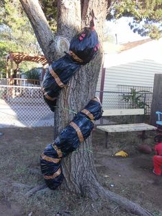 a tree that has some bags wrapped around it