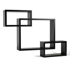 two black shelves with square and rectangle shapes on each shelf, one is empty