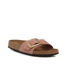 Birkenstock-Madrid Big Buckle Sandal - Women's Upgrade your classic slides with the Madrid Big Buckle sandal from Birkenstock. This pair features a casual silhouette but is elevated by an oversize goldtone buckle and a high-quality leather upper. Classic Flat Footbed Sandals For Spring, Classic Slide Footbed Sandals For Spring, Classic Slides With Buckle Closure For Spring, Classic Flat Slides With Buckle Closure, Classic Spring Footbed Sandals With Textured Footbed, Casual Slide Slippers With Buckle Closure, Classic Adjustable Slides For Spring, Classic Spring Footbed Sandals, Adjustable Slippers With Buckle Closure For Spring