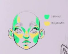 a drawing of a child's face with green and yellow highlights