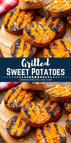 grilled sweet potatoes on a cutting board with text overlay that reads grilled sweet potatoes