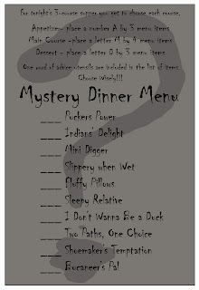 the mystery dinner menu is shown in black and white