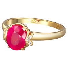 14 kt solid gold ring with natural ruby and diamonds. July birthstone. Weight: 3 g. Depends from size Central stone: Natural ruby Weight: arprox 1.20 - 1.40 ct, oval cut. Clarity: Transparent with inclusions Surrounding stone: Diamonds: weight - 0.06 ct (6 pieces x 0.01 ct), F/VS, round brilliant cut. Gold Ring With Ruby, Oval Ruby Ring, Ring With Ruby, Solid Gold Ring, Oval Rings, Solid Gold Rings, July Birthstone, Ruby Diamond, 14k Gold Ring