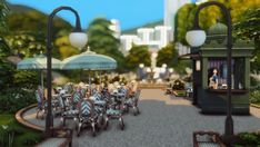 an animated image of tables and chairs with umbrellas in the middle of a park