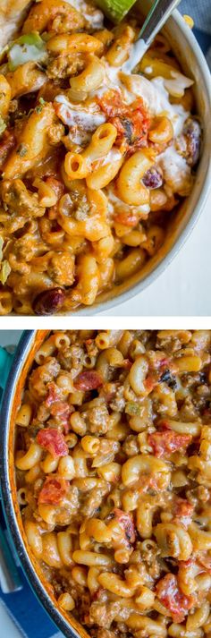 two pictures showing different types of macaroni and cheese