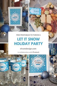 a collage of photos with the words, free printables to throw a let it snow holiday party