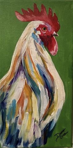 a painting of a rooster on a green background