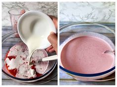 two pictures showing how to make strawberry milkshake