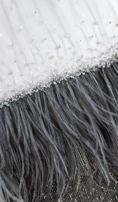 Haute Couture Fabric | Tulle with ostrich feathers and beaded fringes in grey and anthracite colors Embroidery Haute Couture Details, Haute Couture Fabric, Couture Fabric, Evening Cocktail Party, Feather Embroidery, Black Beaded Dress, Saree Tassels, Beaded Bead, Tambour Embroidery