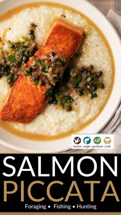 salmon piccata with white grits and green onions in a creamy broth