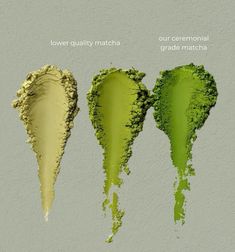 three different shades of green and yellow on a gray background with the words lower quality match