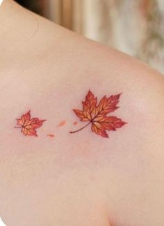 a woman's shoulder with two red leaves on the left side of her body