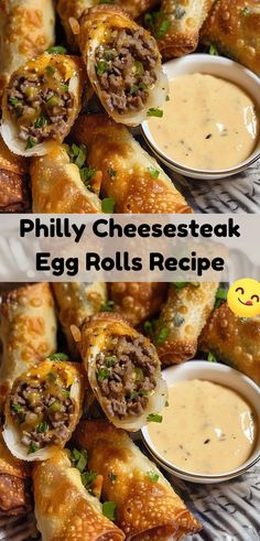 two pictures of egg rolls with cheese and sauce