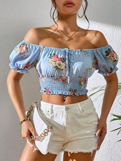 SHEIN VCAY Floral Print Off Shoulder Knot Front Crop Top | SHEIN USA Casual Ruched Crop Top With Puff Sleeves, Casual Ruched Puff Sleeve Top, Shoulder Knots, Front Crop Top, Top Shein, Women T Shirts, Sweetheart Neck, Men's Beauty, Lookbook Outfits