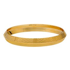 Embrace timeless elegance with this 22k gold men's kada bangle by Virani Jewelers. Crafted with care and attention to detail, this men's gold bangle features a classic design that exudes sophistication and style. Made from the finest 22k gold, it adds a touch of luxury to any look, making it the perfect accessory for the modern gentleman who values quality craftsmanship and timeless design.Features• 22k yellow gold• Engraved detailsSpecifications:• Minimum Width - 10.35 millimeters• Maximum Widt Mens Gold Bangle Bracelet India, Gold Kada For Men, Gold Kada, Gold Engraving, Modern Gentleman, Gold Bangle, Mens Gold, 22k Gold, Gold Bangles