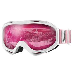 an image of a snowboard goggles with pink and white paint on the lens