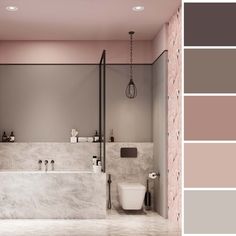 a bathroom with pink and gray walls, tile flooring and white tub in the center