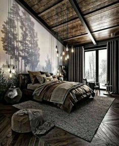 a bedroom with wood floors and walls, lights hanging from the ceiling above the bed