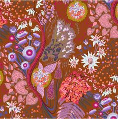 an image of a colorful floral design on brown background with pink, purple and white flowers