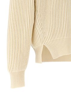 100% wool Designer Beige Wool Sweater, Classic Beige Chunky Knit Outerwear, Designer Wool Sweater For Fall, Fitted Wool Sweater With Chunky Knit, Fitted Chunky Knit Wool Outerwear, Fitted Chunky Knit Wool Sweater, Luxury Beige Wool Sweater, Cream Wool Ribbed Sweater, Cream Ribbed Wool Sweater