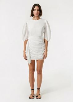 RHODE Pia Dress | White | Official Site Asymmetric Skirt, Little White Dress, Black Brick, Ruched Skirt, Asymmetrical Skirt, Little White Dresses, For A Reason, Dress White, Puff Sleeve