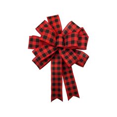 a red and black bow on a white background