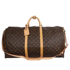 Authentic, pre-loved Louis Vuitton Keepall Bandouliere 60 in brown monogram canvas with shoulder strap. This Keepall 60 is designed with LV's traditional monogram canvas with leather trim and gold-tone hardware. The interior features brown textile lining with no pockets. There is a dual zipper top closure. This bag is perfect for a weekend escape. It comes with an adjustable shoulder strap and luggage tags. FAA approved for carryon. Authenticity date code: TH0937 Made in France Handle drop: 5" Luxury Everyday Monogram Canvas Bag With Leather Trim, Everyday Luxury Bags With Leather And Monogram Canvas, Luxury Brown Duffle Bag With Leather Trim, Brown Monogram Canvas Bag With Palladium Hardware, Designer Coated Canvas Travel Bag For Formal Occasions, Luxury Coated Canvas Travel Bag For Formal Occasions, Brown Leather Trim Bag For Everyday Luxury, Classic Travel Bag In Monogram Canvas, Classic Monogram Canvas Travel Bag For Business