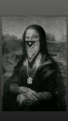 a black and white photo of a woman wearing a bandana over her face,