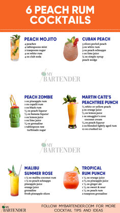 Peach Rum Cocktails Peach Liqueur Cocktails, Peach Rum Punch, Rum Based Cocktails, Gourmet Cocktails, Food For Fitness, Bridal Breakfast, Peach Rum, Homemade Liqueur Recipes, Fruity Alcohol Drinks